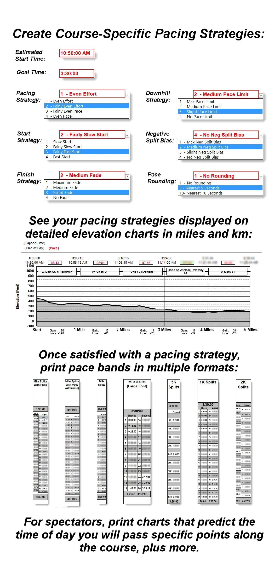 MyMarathonPace - Marathon Pace Band, Custom Terrain Adjusted
